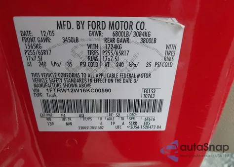 2006 Ford F-150 Xlt from USA, damaged, VIN 1FTRW12W16KC00590